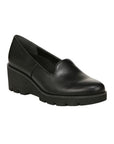 Women's Vionic Willa Wedge supportive wedge sandal in black with slip-on design and cushioned sole, ideal for casual and office wear.