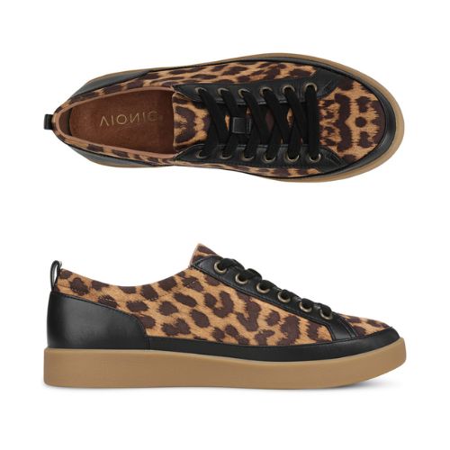 Pair of leather sneakers with brown leopard print, black accents and black laces with tan Vionic logo'd footbed.