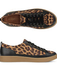 Pair of leather sneakers with brown leopard print, black accents and black laces with tan Vionic logo'd footbed.