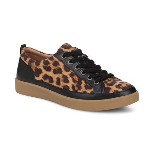 Leather sneakers with brown leopard print, black accents, black laces and thick tan outsole.