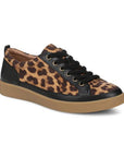 Leather sneakers with brown leopard print, black accents, black laces and thick tan outsole.