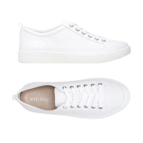 Top and side view of all-white Winny Sneaker - Leather Lace-Up. Features orthotic-friendly insole and lace-up closure for secure fit.
