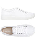 Top and side view of all-white Winny Sneaker - Leather Lace-Up. Features orthotic-friendly insole and lace-up closure for secure fit.