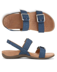 Pair of Blue jean backstrap sandals with two silver buckle straps, tan footbed and brown outsole.