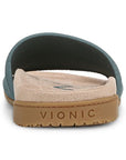 Slide sandal heel interior of blue knit upper, tan footbed and brown outsole with Vionic logo stamped at heel.