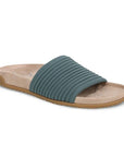 Soft blue slide sandal with compression style knit upper, microfiber sculpted tan foot bed and brown flat rubber outsole.