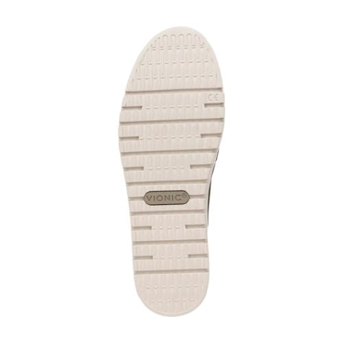 White flexible treaded outsole with grey Vionic logo in middle.