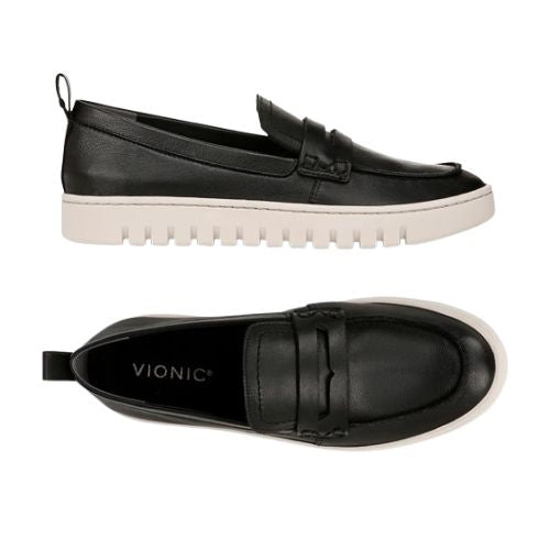 Pair of Women's Leather Loafers in black leather, black Vionic logo'd footbed with white outsoles.