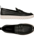 Pair of Women's Leather Loafers in black leather, black Vionic logo'd footbed with white outsoles.