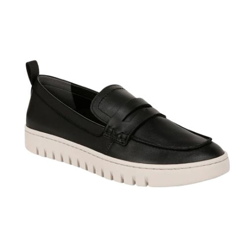 Women's Leather Loafer in black leather with white sole.