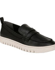 Women's Leather Loafer in black leather with white sole.