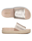 Pair of Gold slide espadrille sandals with Vionic logo'd tan footbed.