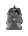 Rear view of Kids Merrell Moab FST Low A/C Storm Sneaker highlighting padded heel collar and pull tab for easy on and off.