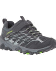 Kids Merrell Moab FST Low A/C Storm Sneaker in dark grey with green accents, designed for waterproof hiking and outdoor adventures.