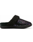 Side view of Kid's Sorel Nakiska Slide II suede slippers showcasing soft black fleece collar and colorful dotted suede upper.