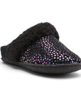 Kid's Sorel Nakiska Slide II suede slippers in black with multicolor dots, featuring cozy fleece lining and durable rubber sole.