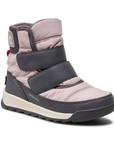 Grey and pink nylon winter boot with two Velcro strap closures. Sorel logo on the side.