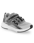Gray and black athletic sneaker with white sole, adjustable Velcro strap, and comfortable memory foam footbed.