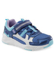 Childrens navy metallic sneaker with Velcro strap, mesh details, and a memory foam footbed on a white background.