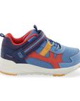 Blue kids sneaker with red and yellow accents with a Velcro top strap.