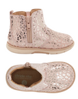 Pair of Pink kids ankle boot with rose gold leopard print pattern, elastic side goring, inside zipper and a tan soft bottom outsole.