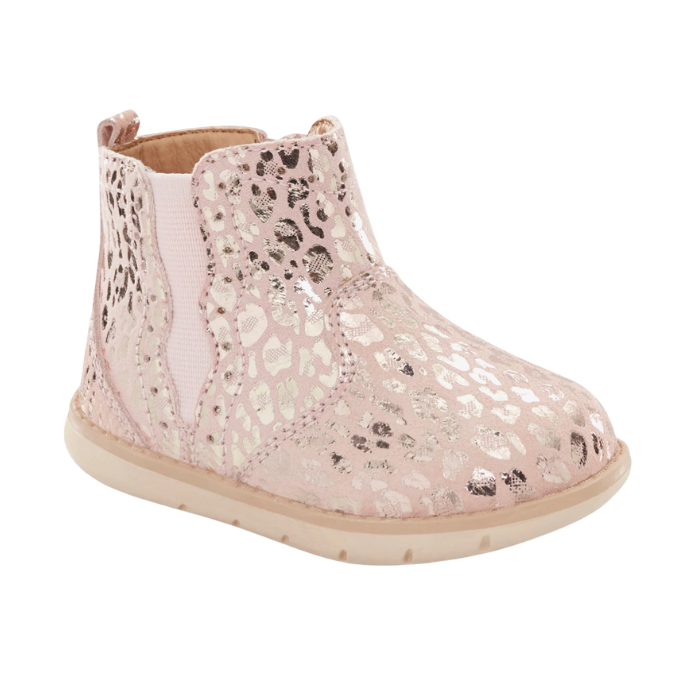 Pink kids ankle boot with rose gold leopard print pattern, elastic side goring and a tan soft bottom outsole.