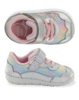 Side and top view of Kis Stride Rite Rosa Sneaker for toddlers, featuring pastel rainbow mesh, hook-and-loop strap, and soft sole.