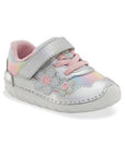 Kis Stride Rite Rosa Sneaker - Lightweight Shoes for Toddlers in silver with pink laces and floral design, ideal for first walkers.