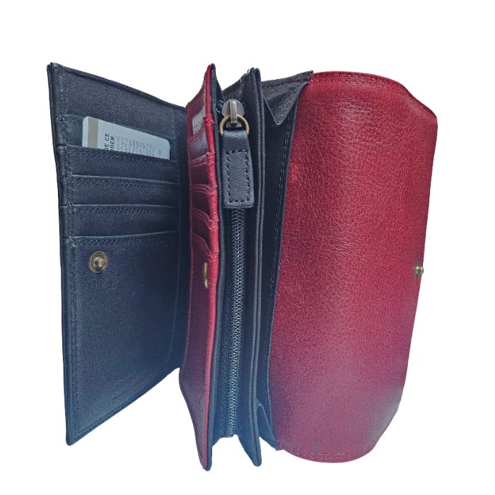Interior of black leather wallet showing red accent panels, card slots and zippered pockets.