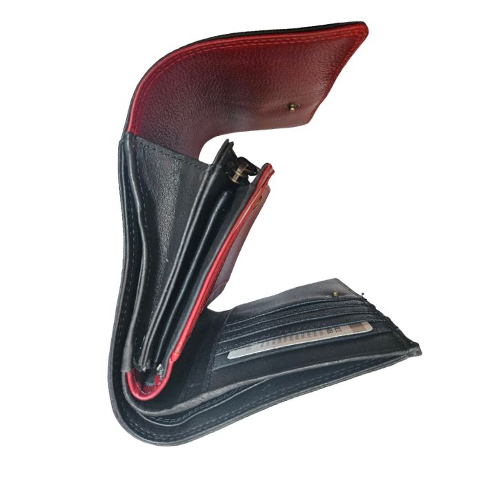 Side of black leather wallet with red accent panels, card slots and zippered pocket.