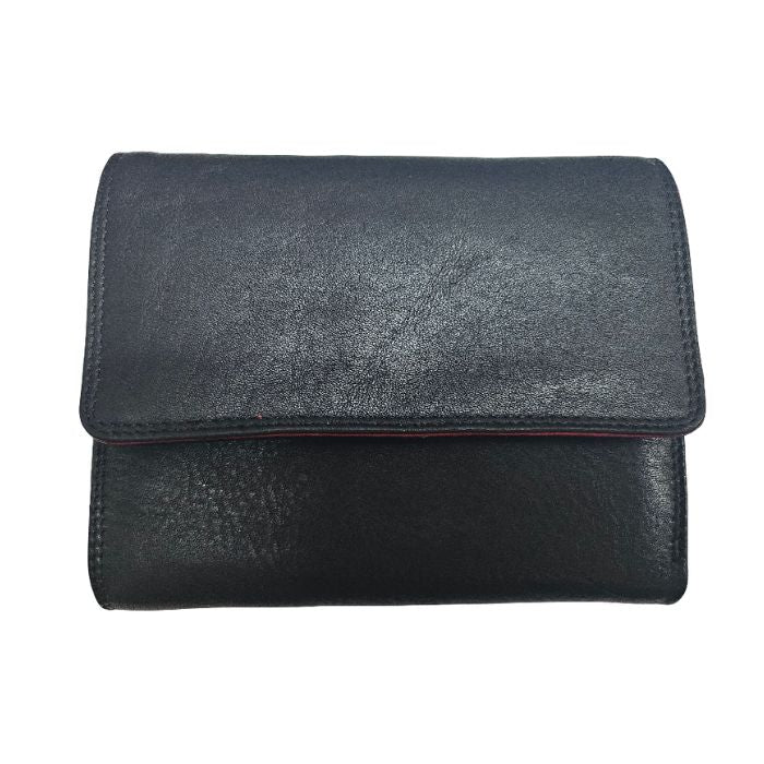Black leather wallet with folded over front flap.