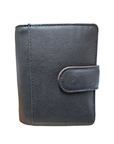 Black leather wallet with brandy accents and snap closure.