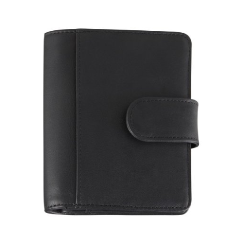 Black leather wallet with snap closure.