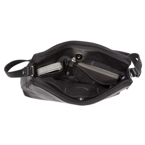 Interior view of Derek Alexander Double Zip Crossbody Leather Bag showing 3 compartments, card sleeves, key ring, and tablet space for organized storage.