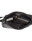 Interior view of Derek Alexander Double Zip Crossbody Leather Bag showing 3 compartments, card sleeves, key ring, and tablet space for organized storage.