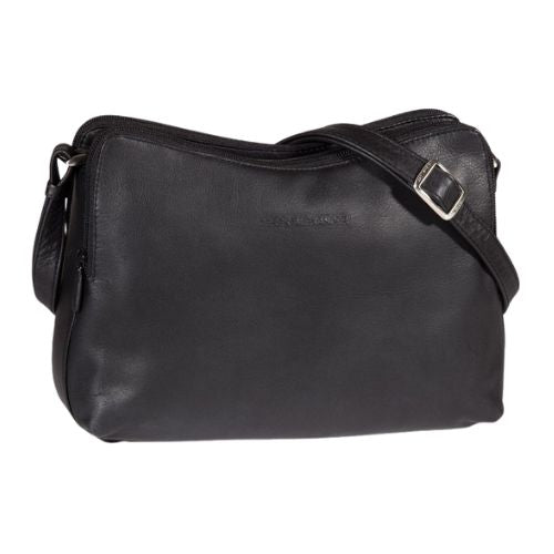 Derek Alexander Double Zip Crossbody Leather Bag in black with adjustable strap, ideal for everyday use and travel in the crossbody handbags category.