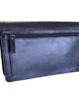 Back of black leather crossbody bag with zippered pocket.
