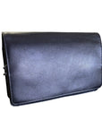 Black leather front flap crossbody organizer bag.