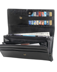 Black leather wallet with card slots and billfold compartments.