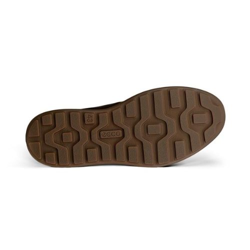 Brown rubber outsole with geometric light tread pater and Ecco logo in middle.