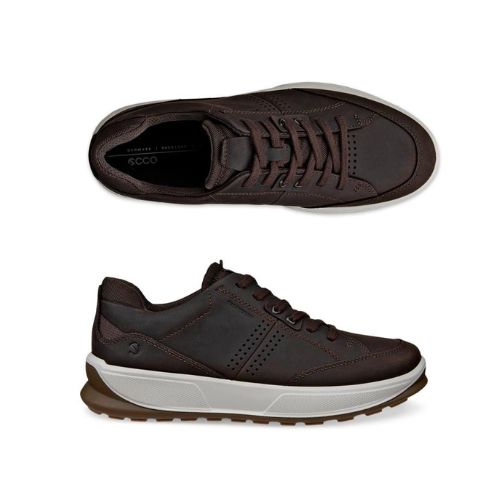 A pair of Brown leather sneakers with thick white midsole and brown outsole.
