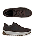 A pair of Brown leather sneakers with thick white midsole and brown outsole.