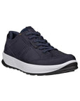 Navy leather sneaker with thick white midsole and black outsole.