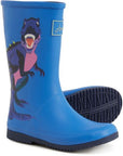 Kids Joules Jr Roll Up Wellie Print in bright blue with colorful roaring dinosaur graphic. Waterproof kids boots with non-slip sole.