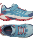 Pair of turquois sneakers with navy blue, and coral pink accents, Velcro strap, elastic lacing, navy Merrell logo'd footbed, white midsole and a pink lugged outsole.