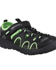 Black fisherman sandal with Velcro strap, bungee lacing, lime green accents and a black outsole.