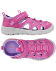 Pair of pink fisherman sandals with Velcro strap, bungee lacing, lavender Merrell logo'd footbed and a gray outsole.