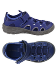Pair of Blue fisherman sandals with Velcro strap, bungee lacing, navy Merrell logo'd footbed and a gray outsole.