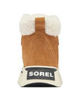 Tan suede kids winter boot with white fur cuff and Sorel logo on bottom.