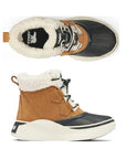 Pair of Kid's tan ankle winter lace-up boots with cream fur collar, accent black mid wrap with white midsole and tan rubber outsole.